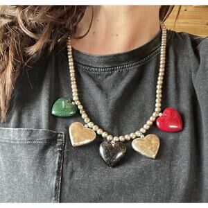 Western Navajo Pearl Style Heart Charm Necklace 20” Silver Tone Festival Cowgirl